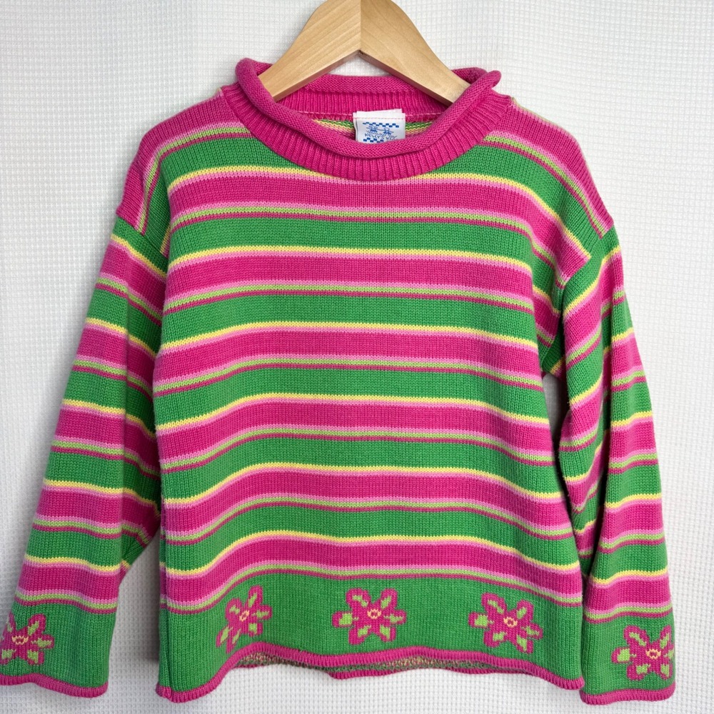 Kellys Kids Vintage Striped Floral Chunky Knit Roll Neck Sweater Pink Green 4/5